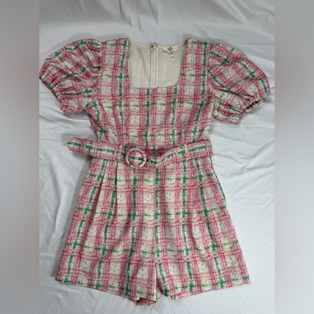 Entro Pink Plaid Belted Romper with Green Accents size medium perfect for Easter